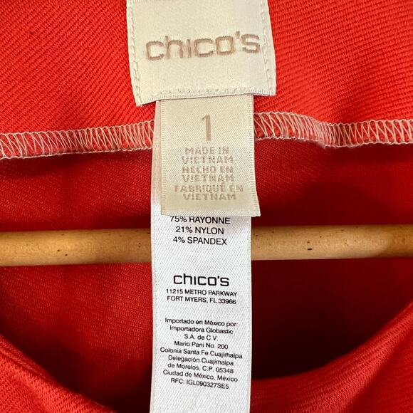 CHICO'S Twill‎ Ponte Jacket Full Zip Mid-Sleeve Stretch Orange Sz 1 Medium 8/10 - Picture 6 of 8